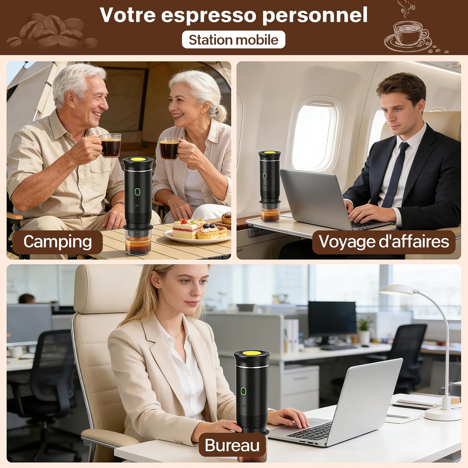Espressor portabil / cafetiera portabila 3-in-1 compatibil capsule mici/mari si cafea macinata, incalzire rapida 4-6 min, incarcare USB-C/12V auto, Negru, 1 buc