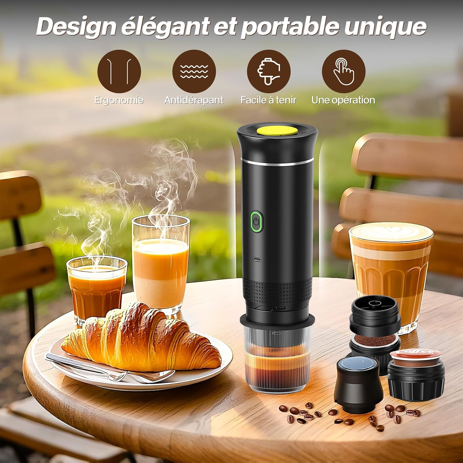 Espressor portabil / cafetiera portabila 3-in-1 compatibil capsule mici/mari si cafea macinata, incalzire rapida 4-6 min, incarcare USB-C/12V auto, Negru, 1 buc
