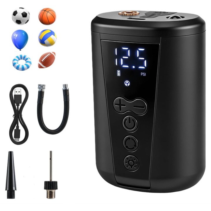 Elektromos labdapumpa / inflátor digitális nyomásmérővel, 4 előre beállított mód 2-15 PSI, LED, 2000 mAh akkumulátor, 2 tűvel, hordozható, fekete, 1 db