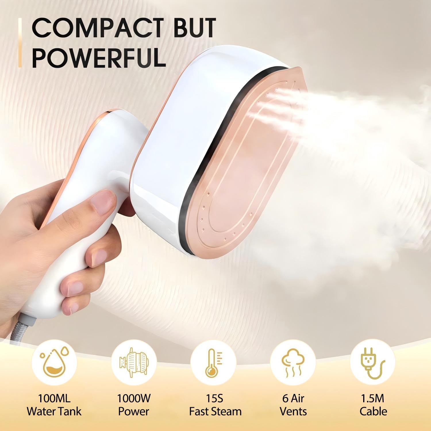 Fier de calcat cu aburi portabil 2-in-1, 1000W, ceramic, 15x6cm, alb
