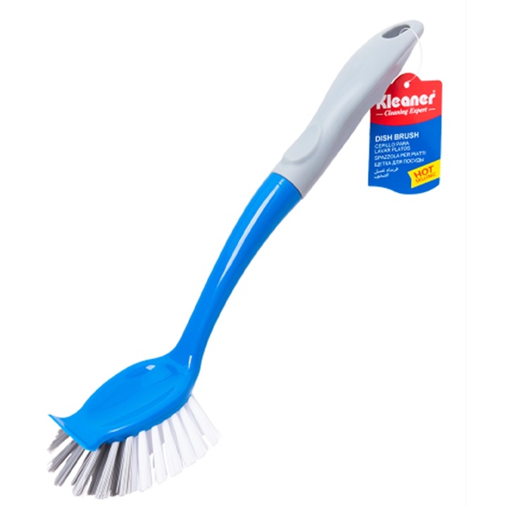 Perie pentru spalat vase Kleaner, maner lung ergonomic din plastic, peri rezistenti si racleta inteligenta, Albastru/Gri