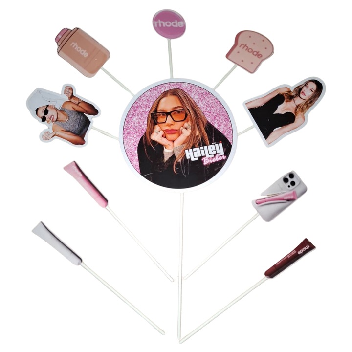 Decoratiune topper tort carton, tematica Hailey Bieber, aniversare - 10 piese
