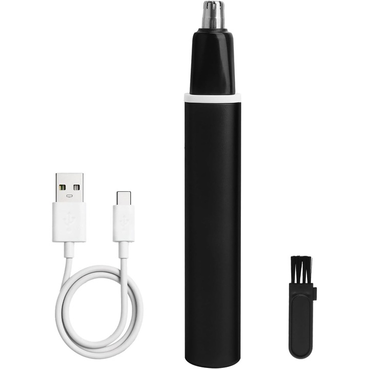 Orrszőrnyíró, orr- és fülszőrtelenítő, USB újratölthető, levehető fej tisztítókefével, dupla pengék 360°-os fájdalommentes védelemmel, Fekete, 1 db