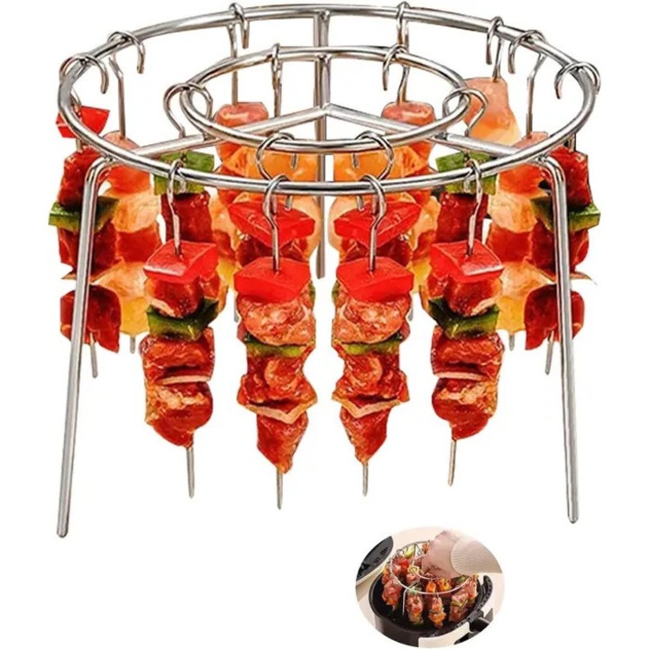 Set 25 bucati, Suport frigarui si gratar pentru airfryer, accesoriu pentru friteuza cu aer, din otel inoxidabil, compatibil cu airfryer, toaster si cuptor, anti-rugina, 24 frigarui 9.5 cm, gratar 16.5x10 cm, argintiu