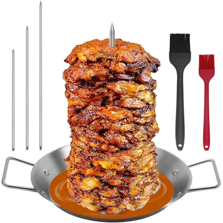 Al Pastor függőleges nyárs tartó, 304-es rozsdamentes acélból, 3 levehető nyárs 20/25/30 cm, szószgyűjtő alap, ezüst, 1 tartó + 3 nyárs + 2 kenőecset szett