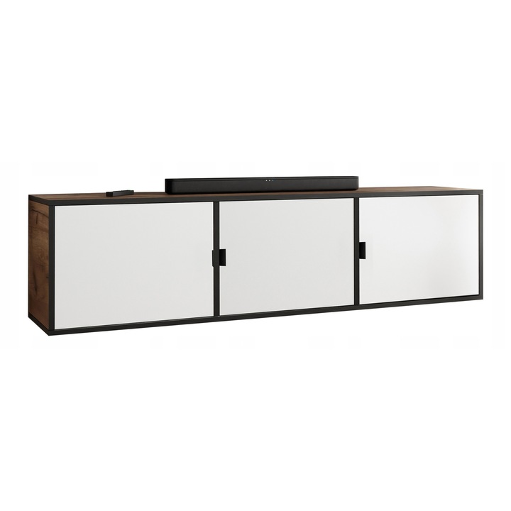 KIER LUNO 3 TV szekrény ajtókkal – laminált PAL nappali bútor, 156x42x38 cm – Fehér és Craft Arany Tölgy