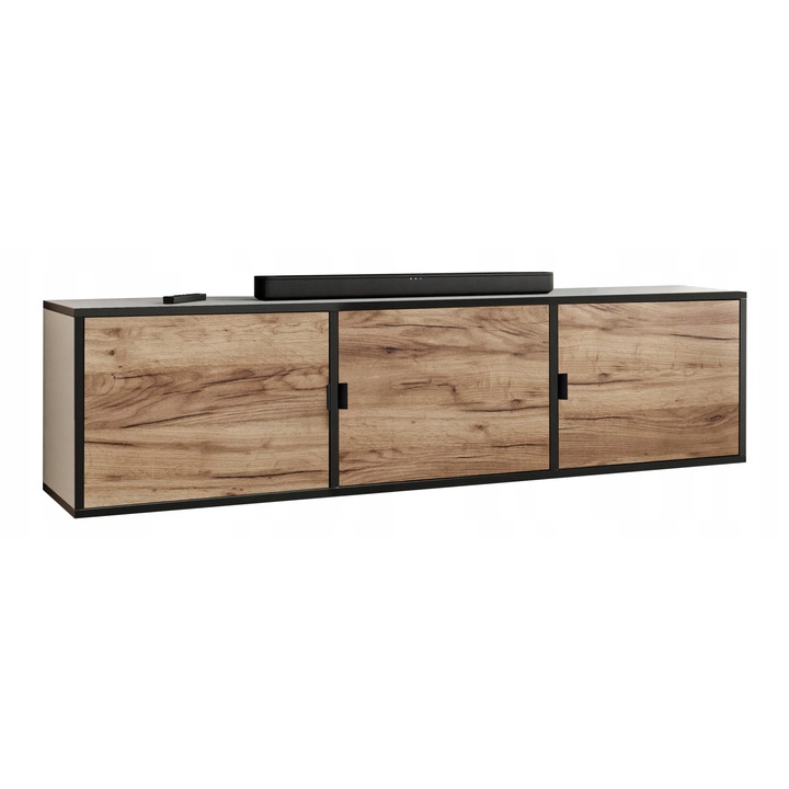 KIER LUNO 3 TV szekrény ajtókkal – laminált PAL nappali bútor, 156x42x38 cm – Fehér és Craft Arany Tölgy