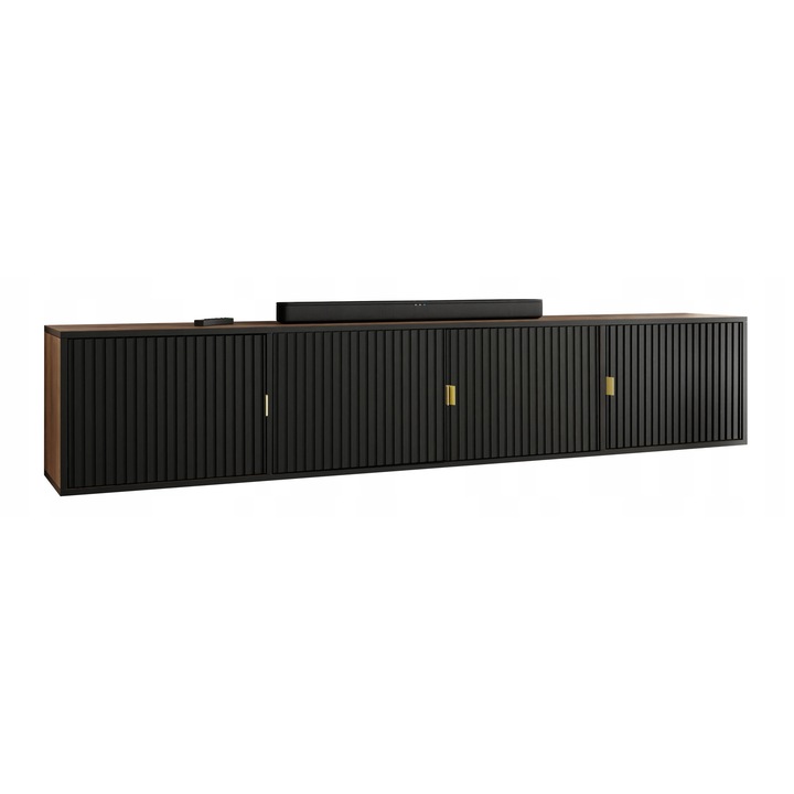 KIER ELI 4 TV szekrény ajtókkal – laminált PAL nappali bútor, 206x42x38 cm – Craft Arany Tölgy és Fekete