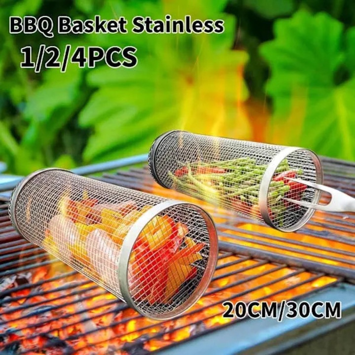 Cos gratar rotund / cusca gratar, 20 cm/30 cm, din otel inoxidabil 304, cu plasa cilindrica, reutilizabil, pentru gratar si camping, Argintiu, 1 buc