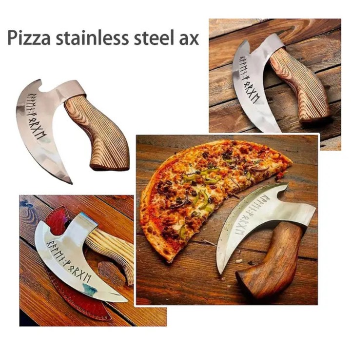 Kézzel kovácsolt viking pizza bárd rozsdamentes acélból, ergonomikus fa nyéllel, gravírozott rúnás pengével, bőr tokkal, ezüst, 1 darab
