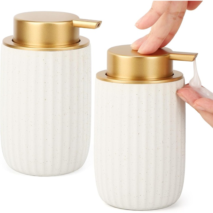 Folyékony szappan adagoló / kerámia adagoló, nagy fejű ABS pumpával, Fehér/Arany, 2 darabos szett, 2 x 320ml