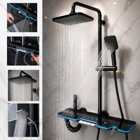 Coloana de Dus cu Termostat Infiniteea™, Afisaj Digital Temperatura, 4 Functii, Inaltime Reglabila, Cap Dus Ploaie, Para Dus, Dus Tip Bidet, Raft integrat, Otel Inoxidabil, Design Modern, Negru Mat