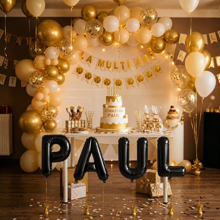 Метализирани фолиеви балони, Flippy, Комплект PAUL, Хелий или Въздух, Включена сламка, 40 см, Черен