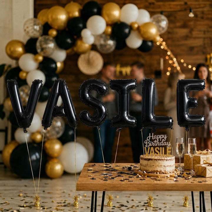 Метализирани фолиеви балони, Flippy, Комплект VASILE, Хелий или Въздух, Включена сламка, 40 см, Черен