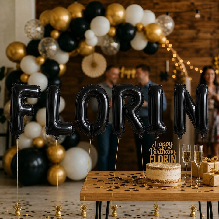 Метализирани фолиеви балони, Flippy, Комплект FLORIN, Хелий или Въздух, Включена сламка, 40 см, Черен