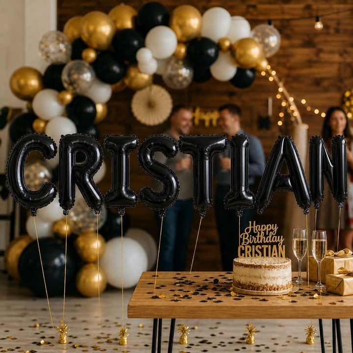 Метализирани фолиеви балони, Flippy, Комплект CRISTIAN, Хелий или Въздух, Включена сламка, 40 см, Черен