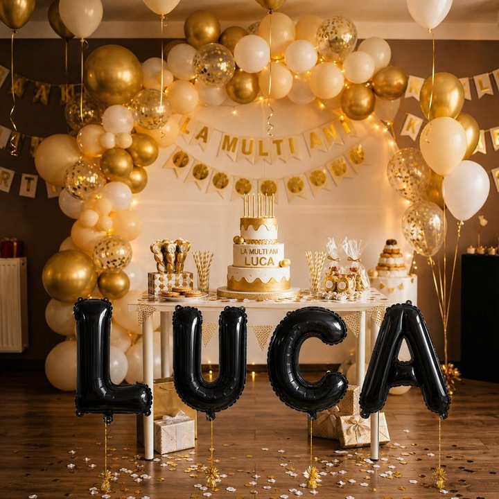 Метализирани фолиеви балони, Flippy, Комплект LUCA, Хелий или Въздух, Включена сламка, 40 см, Черен