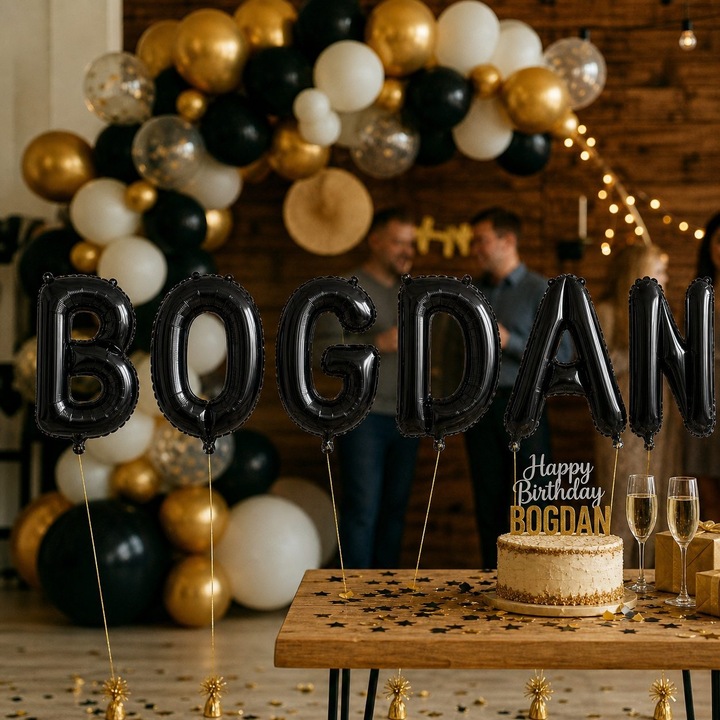 Метализирани фолиеви балони, Flippy, Комплект BOGDAN, Хелий или Въздух, Включена сламка, 40 см, Черен