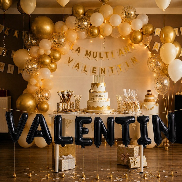 Метализирани фолиеви балони, Flippy, Комплект VALENTIN, Хелий или Въздух, Включена сламка, 40 см, Черен