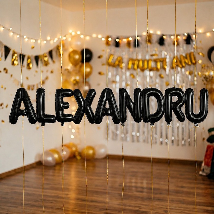 Метализирани фолиеви балони, Flippy, Комплект ALEXANDRU, Хелий или Въздух, Включена сламка, 40 см, Черен