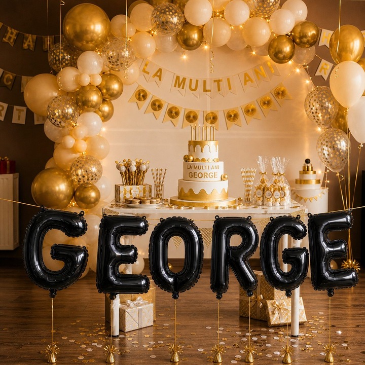 Метализирани фолиеви балони, Flippy, Комплект GEORGE, Хелий или Въздух, Включена сламка, 40 см, Черен