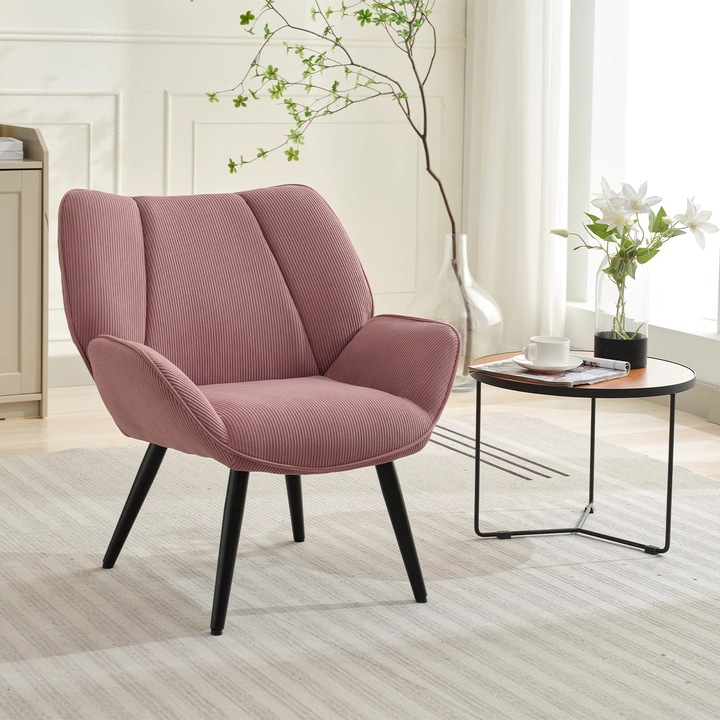 Lounge fotel, Magas háttámla, Szövettel kárpitozott, Ergonomikus kényelem, Fém lábak, Nappaliba és hálószobába, Rózsaszín