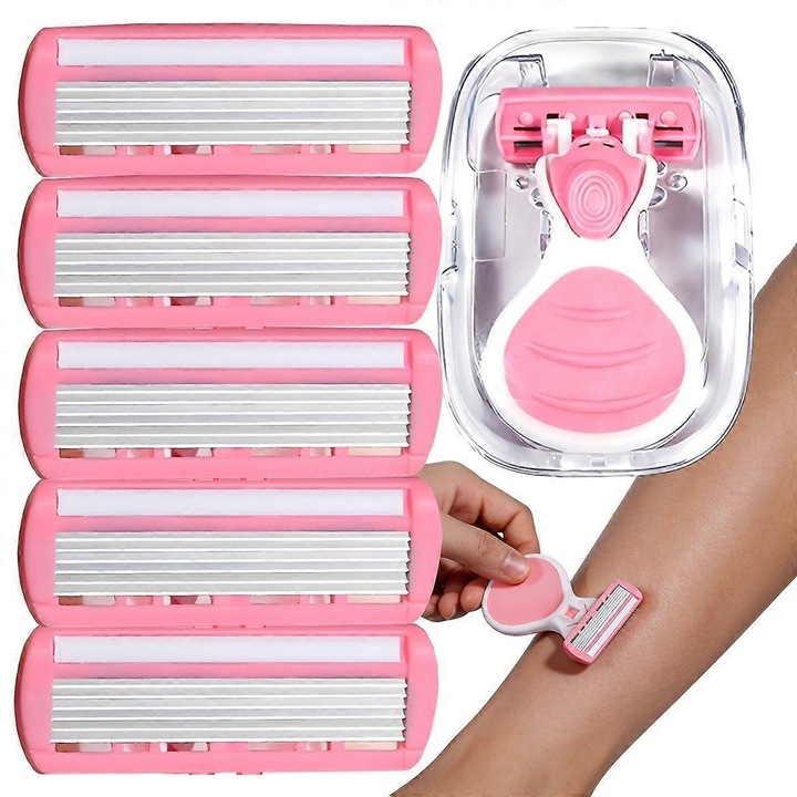 Set aparat de ras pentru picioare, epilator manual portabil, maner ergonomic, cutie de depozitare transparenta, roz, 1 aparat + 5 capete de rezerva