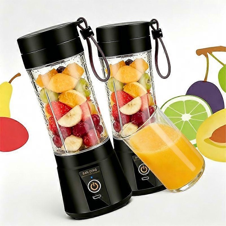 2 darabos szett, hordozható személyi turmixgép 380ml, miniturmixgép smoothie-hoz és milkshake-hez, kompakt, átlátszó pohárral, fekete, 2 x 380ml