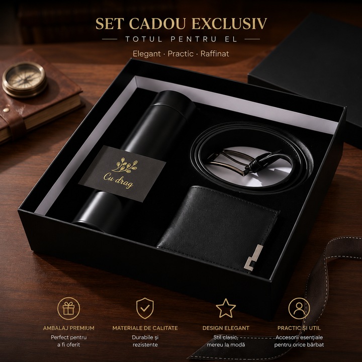 Set cadou pentru barbati, NEVERMORE, Termos din inox, Curea si portofel, Ambalate in cutie pachet exceptionala, Ideal pentru el, domni, tata, sot, fiu, frate，Negru
