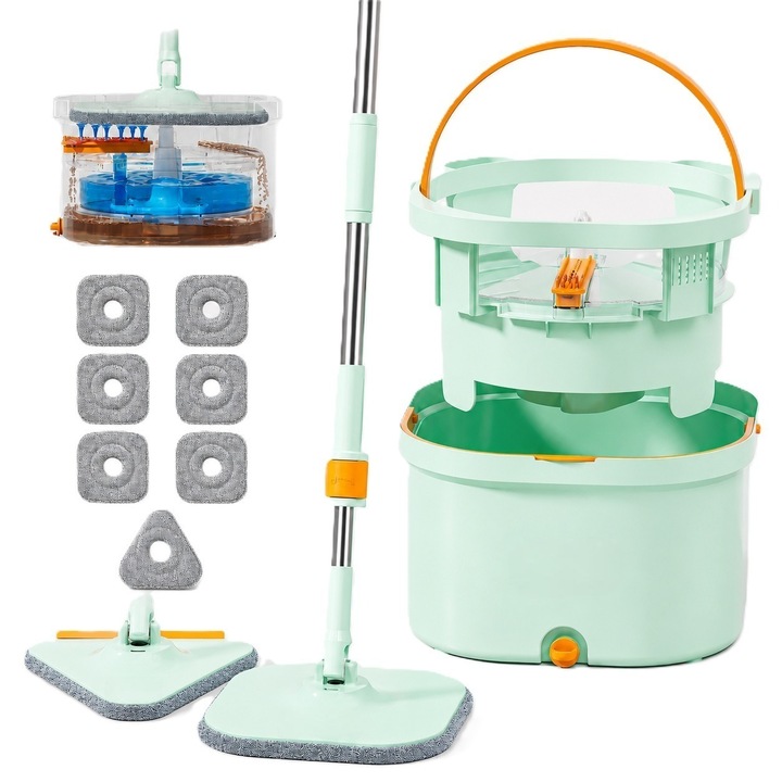 Set Mop Rotativ 360° cu Galeata Duala Centrifuga, Sistem Separare Apa Curata/Murdara, 2 Capete Interschimbabile, 7 Rezerve Microfibra, Maner Telescopic 76-160 cm, Stoarcere Automata, Pentru Pardoseli, Pereti si Geamuri, Robinet de Scurgere, Verde