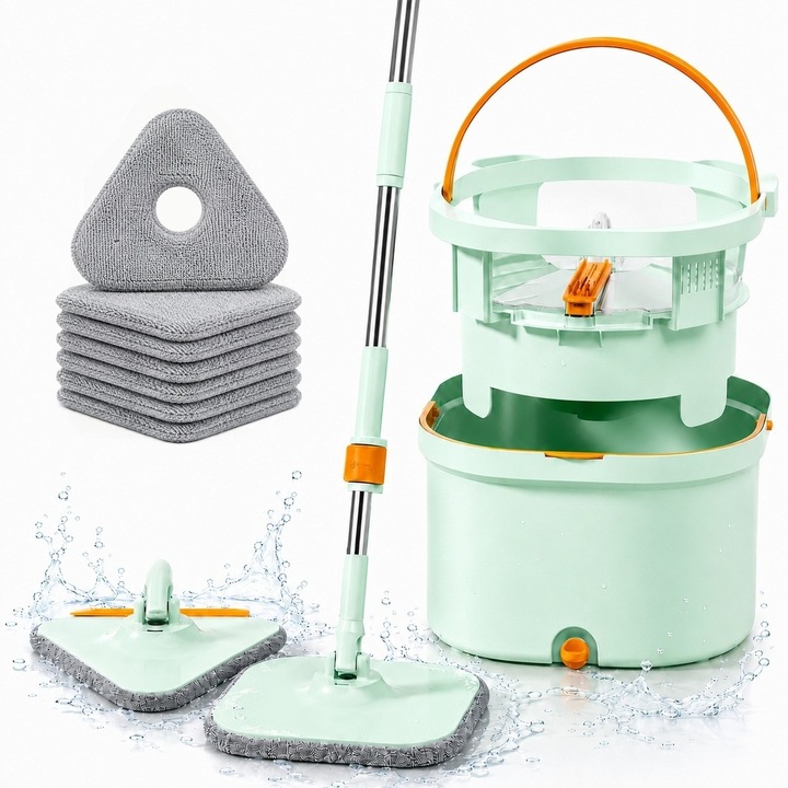 Set Mop Rotativ 360° cu Galeata Duala Centrifuga, Sistem Separare Apa Curata/Murdara, 2 Capete Interschimbabile, 7 Rezerve Microfibra, Maner Telescopic 76-160 cm, Stoarcere Automata, Pentru Pardoseli, Pereti si Geamuri, Robinet de Scurgere, Verde