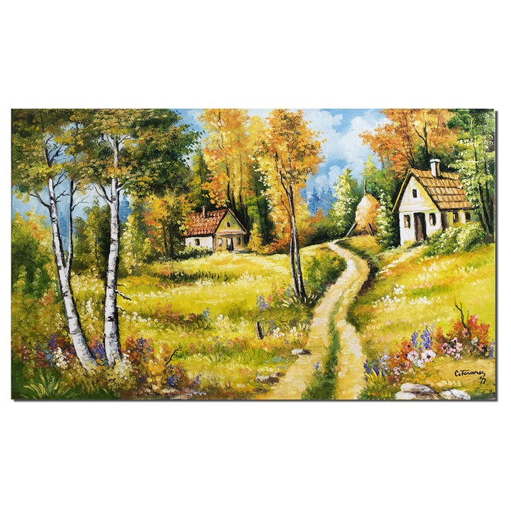 Tablou peisaj de toamna tarzie pictat manual, Oaza de liniste, 100x60cm ulei pe panza Constantin Feraru
