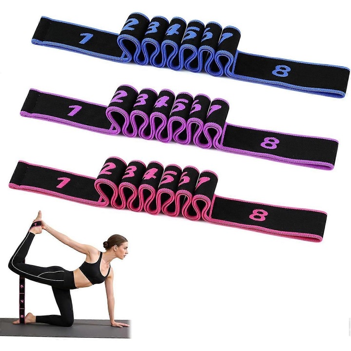 Set 3 bucati, benzi de rezistenta elastice de antrenament reglabile cu manere din spuma, marcaje numerotate 1-8 pentru reglarea tensiunii, din latex natural invelit in bumbac, 1.2 m, multicolor