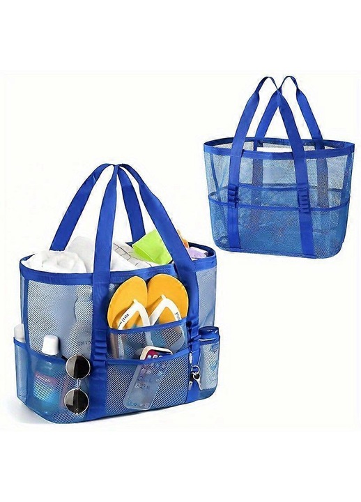 Geanta plaja mesh capacitate mare multiple buzunare albastru navy
