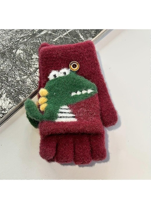 Gyermek kesztyű, nylon, játékos dinoszaurusz mintával, lehajtható fedéllel és gombbal, puha béléssel, bordó, egy méret