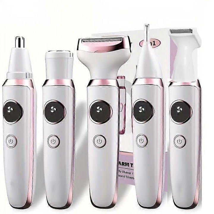 Trimmer multifunkcionális 5 az 1-ben, epilátor és ápoló készülék, digitális kijelző, USB-ről tölthető, cserélhető fejek, rozsdamentes acél penge, rózsaarany, 1 szett