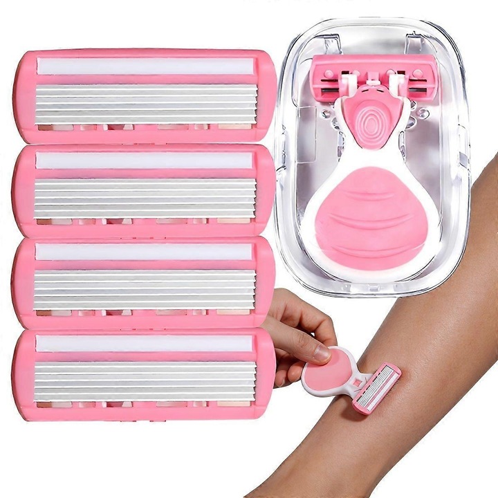 Set epilator roz, 4 lame, portabil, cu suport transparent