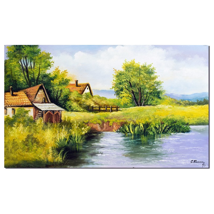 Tablou peisaj de vara cu case langa rau pictat manual, Colt de rai, 100x60cm ulei pe panza Constantin Feraru