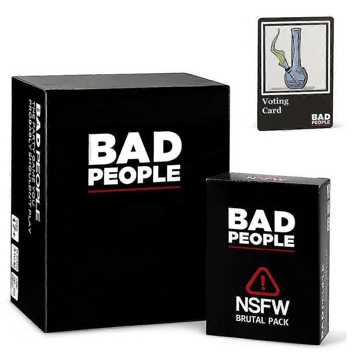 Joc de carti Bad People, Basics Edition, 290 carduri (170 intrebari, 100 carduri de vot, 10 carduri double-down), pentru petreceri si adunari intre adulti, Negru, 1 set