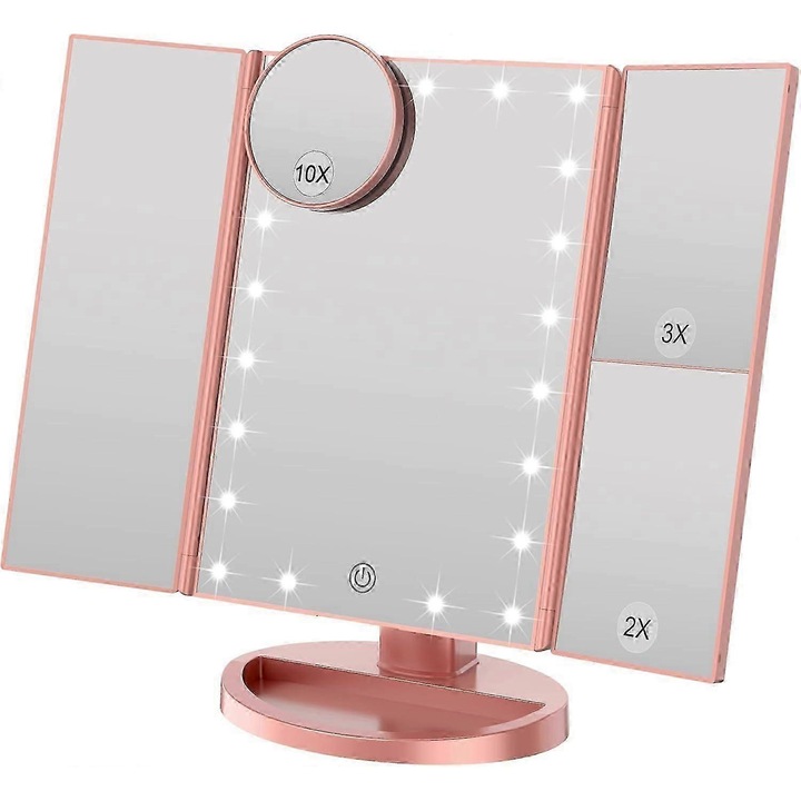 Oglinda cosmetica triptica, oglinda de masa, cu 21 led-uri, marire 2x/3x, comutator tactil pentru reglarea luminozitatii, alimentare duala USB sau 4x AAA, roz auriu, 1 buc