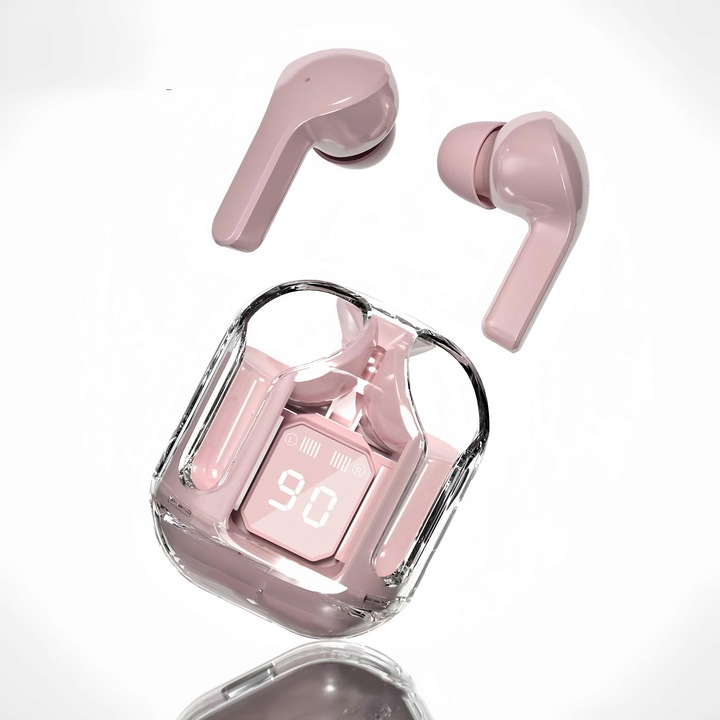 TWS vezeték nélküli in-ear fülhallgató, átlátszó, LED akkumulátor jelző, rózsaszín