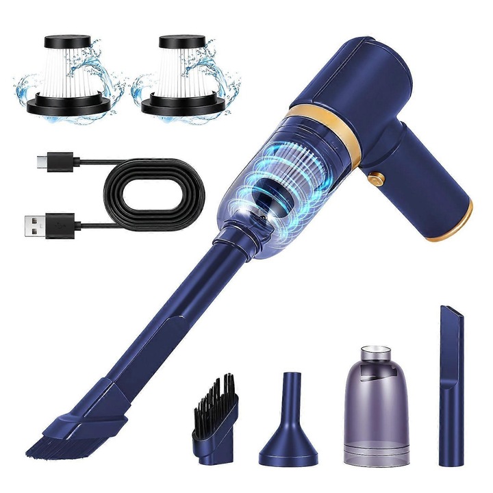 Aspirator de mana / mini aspirator 2-in-1, cu functie aspirare si suflare, filtru lavabil, reincarcabil USB, usor ergonomic, albastru, 1 buc
