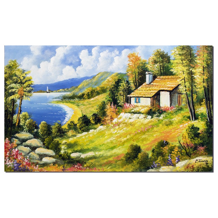 Tablou peisaj de vara priveliste catre lac pictat manual, Colt de rai, 100x60cm ulei pe panza Constantin Feraru