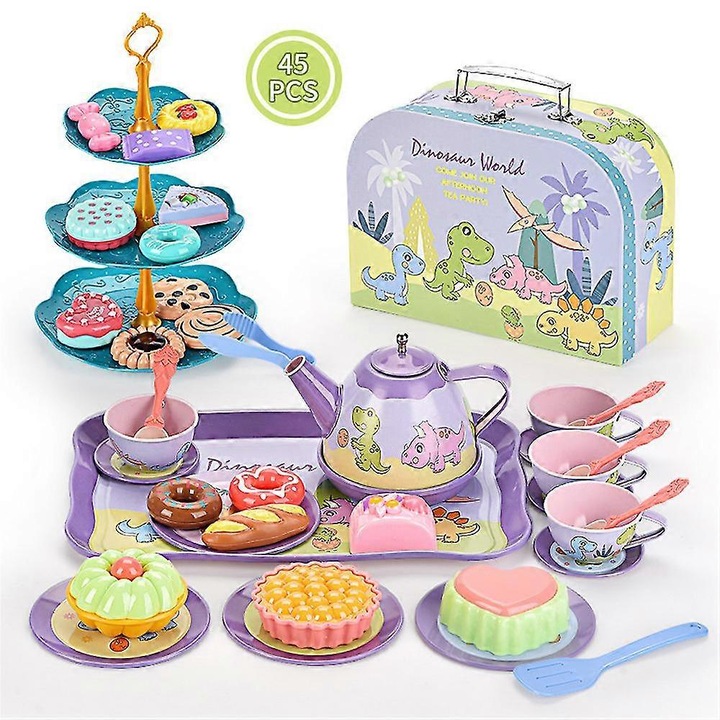 Set ceai copii, jucarie printesa, multicolor, 3+ ani, tina, cu accesorii si geanta transport