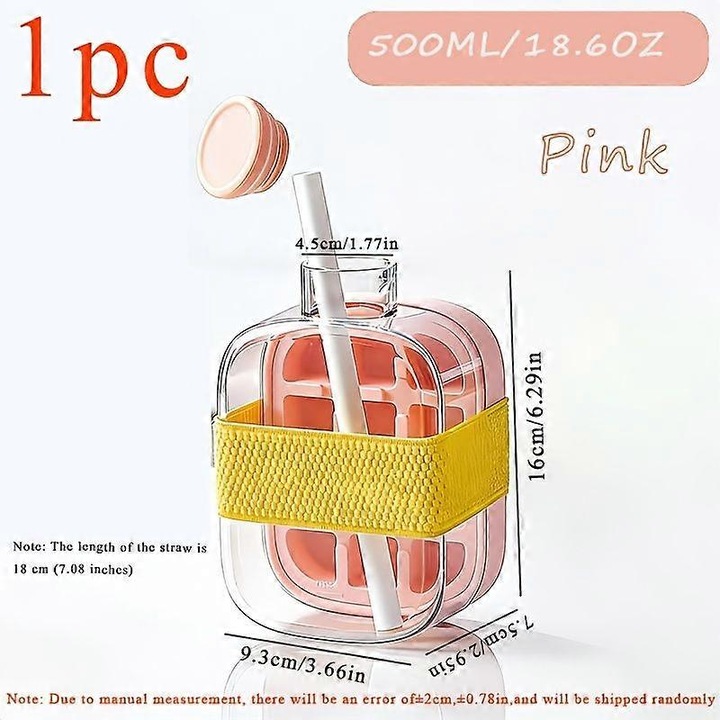 Sticla de apa, bidon cu pai 500ml (18.6 oz), 2-in-1 pahar pentru gheata, din plastic fara BPA, cu maneca din silicon, pai detasabil si capac presare, Roz, 1 buc