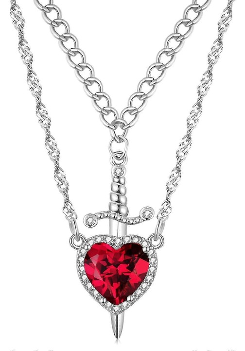 Colier cu pandantiv inima si sabie, set cuplu, otel inoxidabil, cupru zircon, 4.7x2 si 5.7x2 inch