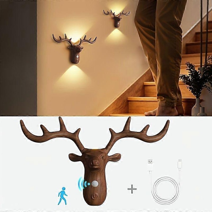 Lampa de perete cap de cerb, lampa LED ambientala cu senzor de miscare si comutator tactil/auto, reincarcabila USB 1200mAh, finish nuc, 1 buc