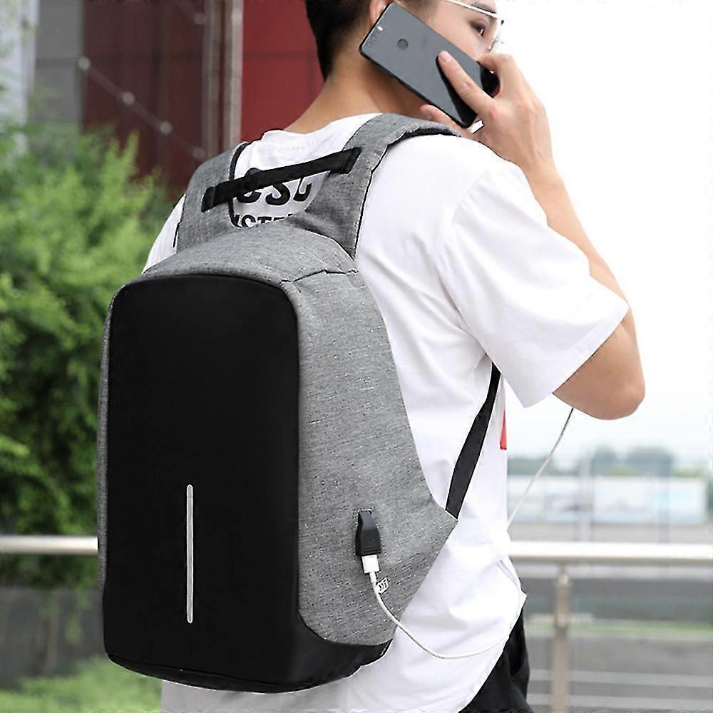 Rucsac laptop/ghiozdan textil, anti-furt, usor, cu port de incarcare USB si compartiment intern pentru laptop, gri