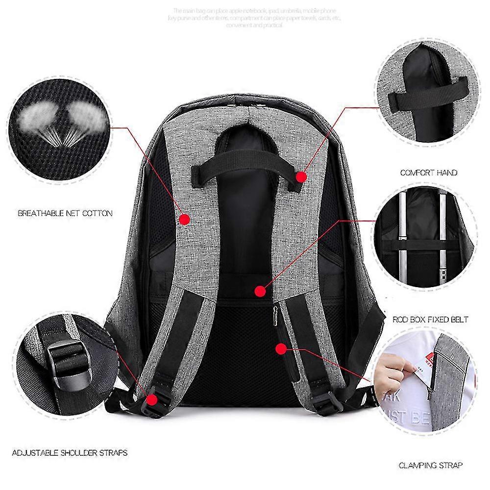 Rucsac laptop/ghiozdan textil, anti-furt, usor, cu port de incarcare USB si compartiment intern pentru laptop, gri