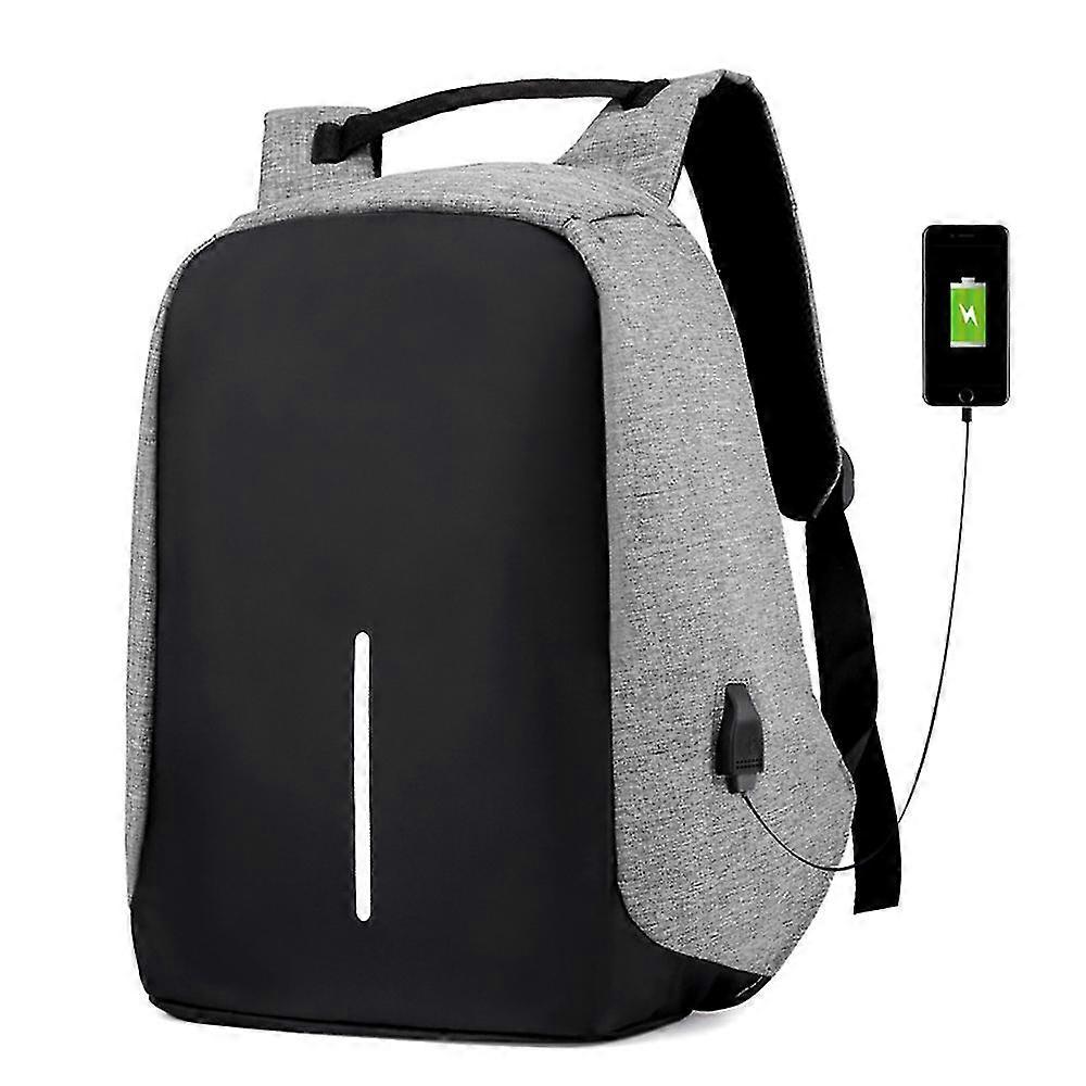 Rucsac laptop/ghiozdan textil, anti-furt, usor, cu port de incarcare USB si compartiment intern pentru laptop, gri
